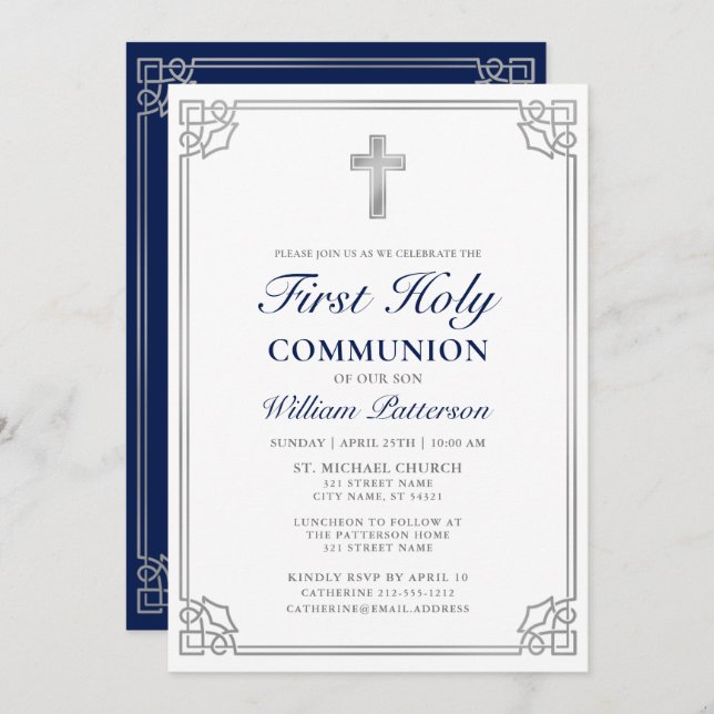 First Holy Communion Elegant Woven Silver Frame Invitation (Front/Back)