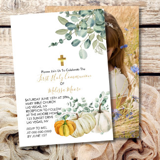 First Holy Communion Fall Pumpkin Greenery Invitation