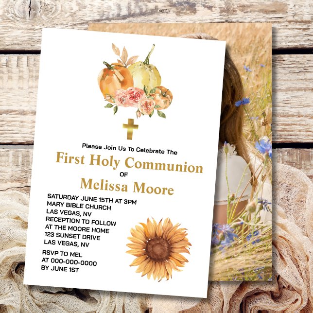 First Holy Communion Fall Pumpkin Sunflower Photo Invitation (Creator Uploaded)
