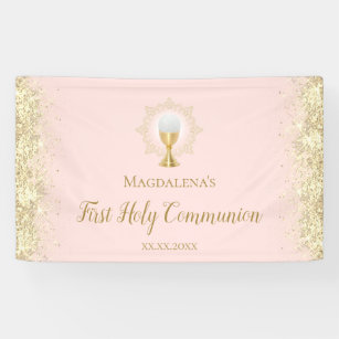 First Holy Communion faux gold glitter on pink Banner