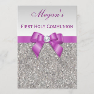 First Holy Communion Faux Jewels, Bow & Diamond Invitation