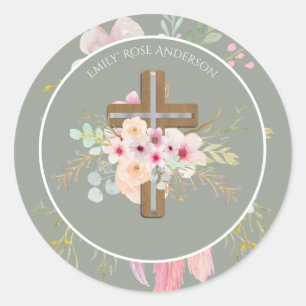 First Holy Communion Floral Cross Girls Sage Pink Classic Round Sticker