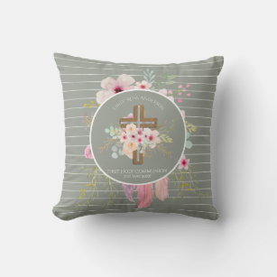 First Holy Communion Floral Cross Girls Sage Pink Cushion