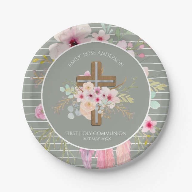 First Holy Communion Floral Cross Girls Sage Pink Paper Plate (Front)