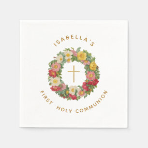 First Holy Communion Floral Cross in Rose Wreath Napkin