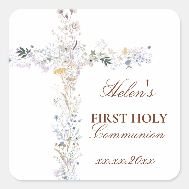 First Holy Communion floral cross Square Sticker (Front)
