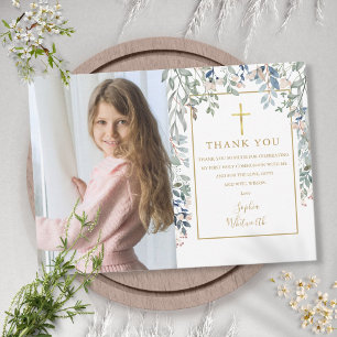 First Holy Communion Floral Foliage Photo Thank You Card