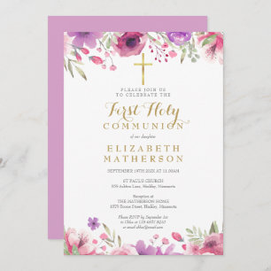 First Holy Communion Floral Gold Cross Invitation