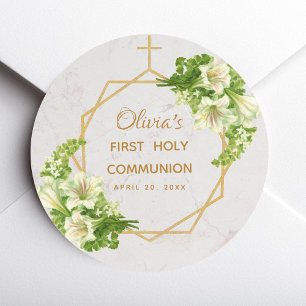 First Holy Communion Floral Gold Lilies Marble Classic Round Sticker
