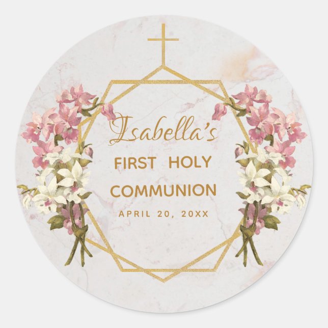 First Holy Communion Floral Gold Marble Orchids Classic Round Sticker (Front)