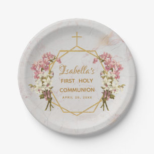 First Holy Communion Floral Gold Marble Orchids Paper Plate