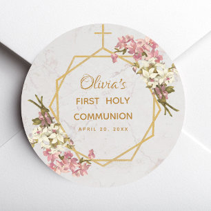 First Holy Communion Floral Gold Orchids Marble Classic Round Sticker