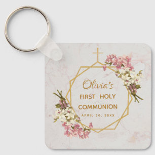First Holy Communion Floral Gold Orchids Marble Key Ring