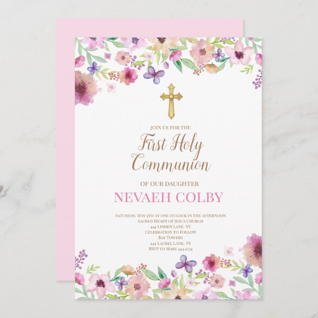 First Holy Communion Floral Invitations (Front/Back)