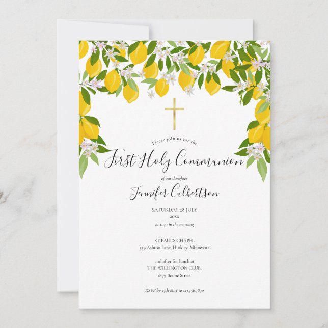 First Holy Communion Floral Lemons Greenery  Invitation (Front)