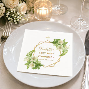 First Holy Communion Floral Lilies Gold Cross Napkin