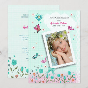 First Holy Communion Floral   Photo Invitations