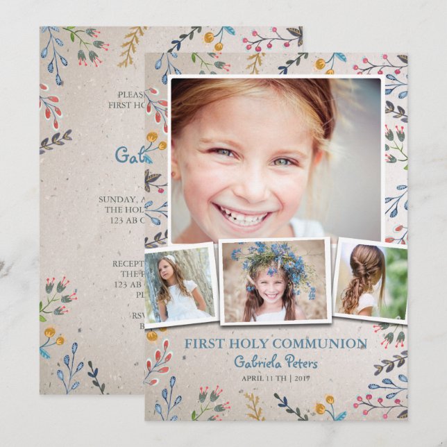 First Holy Communion Floral | Photo Invitations (Front/Back)