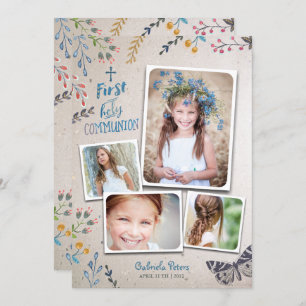 First Holy Communion Floral   Photo Invitations