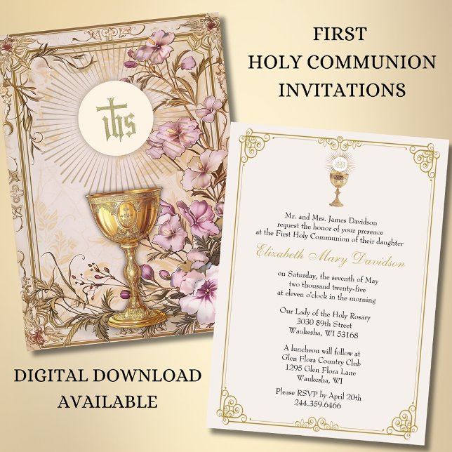  First Holy Communion Floral  Vintage  Invitation (Creator Uploaded)