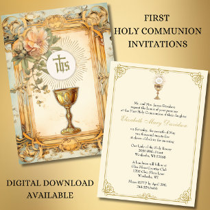 First Holy Communion Floral  Vintage  Invitation