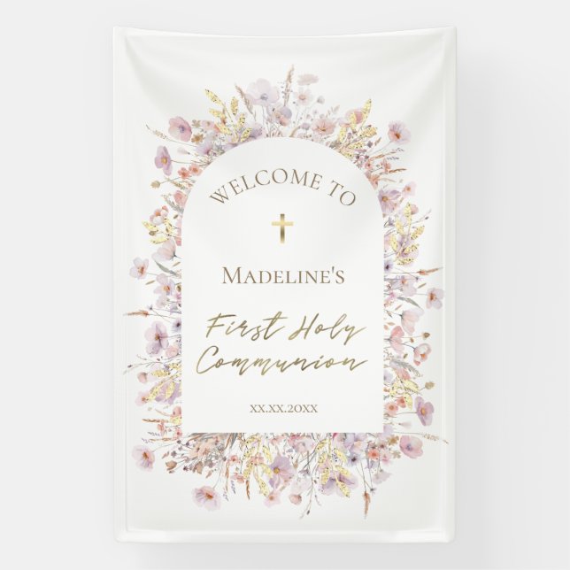 First Holy Communion floral welcome Banner (Vertical)
