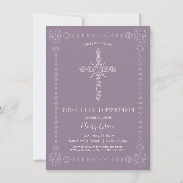 FIRST HOLY COMMUNION Girl Invite - Simple, elegant (Front)