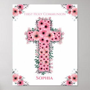First Holy Communion Girl Pink Flower Cross Chic Poster