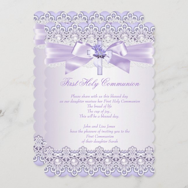 First Holy Communion Girls Cross Lavender Purple 2 Invitation (Front/Back)