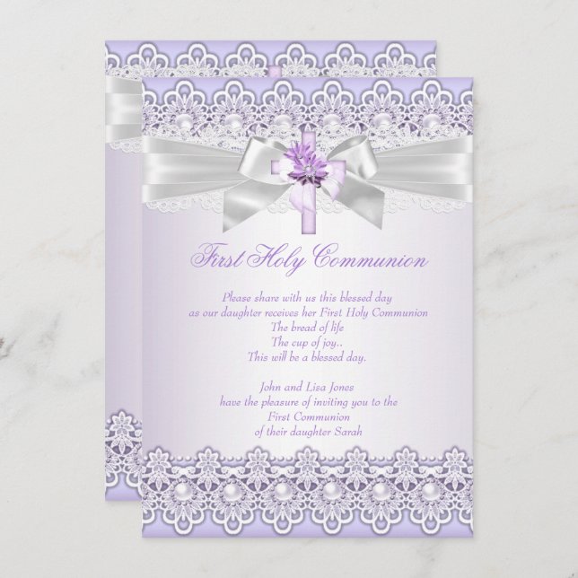 First Holy Communion Girls Cross Lavender Purple Invitation (Front/Back)