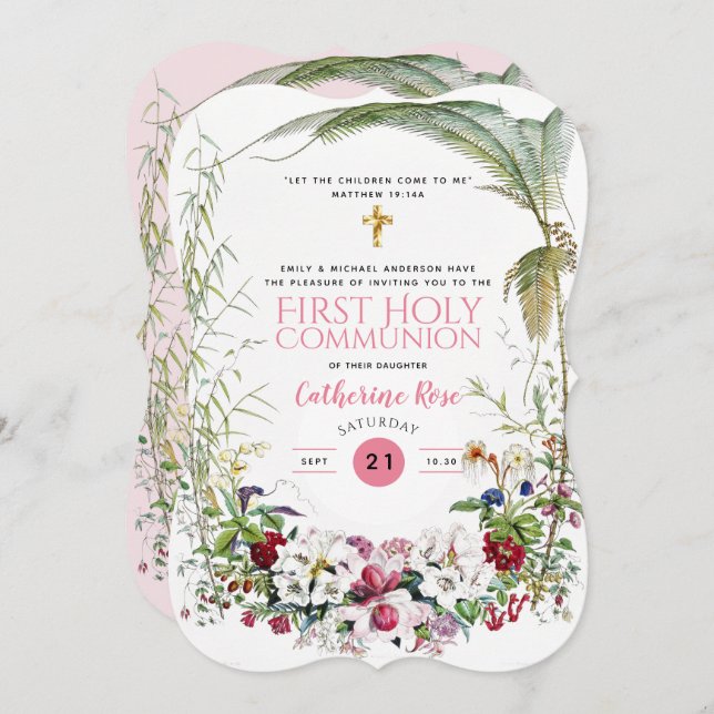 First Holy Communion Girls Pink Floral Invitations (Front/Back)