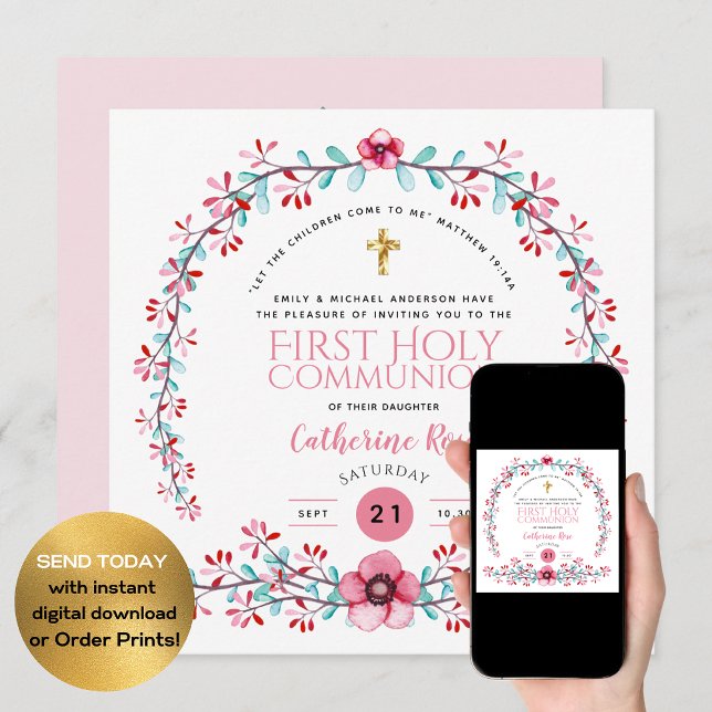 First Holy Communion Girls Pink Floral Invitations (Creator Uploaded)