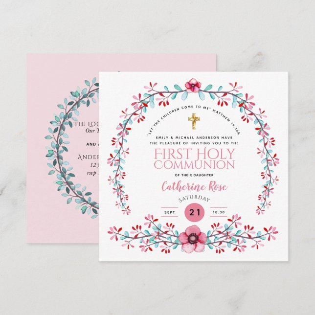 First Holy Communion Girls Pink Floral Invitations (Front/Back)