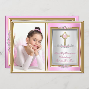 First Holy Communion Girls Pink Pearl Photo Invitation