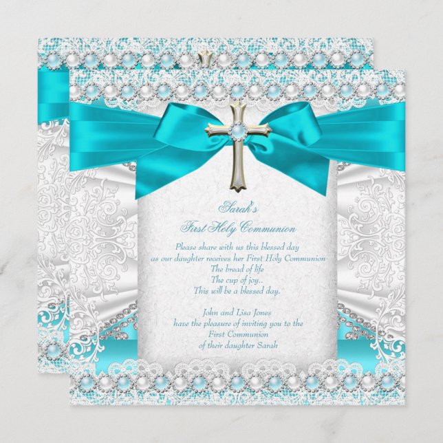 First Holy Communion Girls Teal Blue Pearl White Invitation (Front/Back)