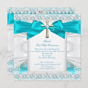 First Holy Communion Girls Teal Blue Pearl White Invitation