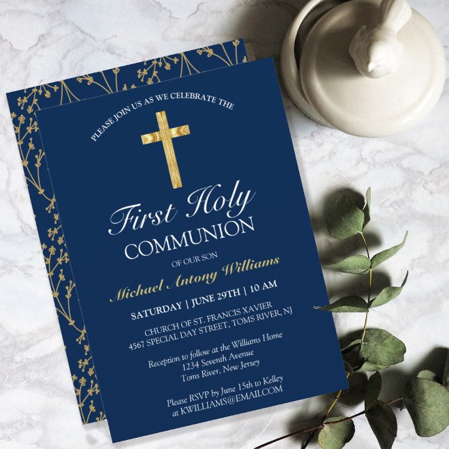 First Holy Communion Gold Cross Blue Invitation (Creator Uploaded)