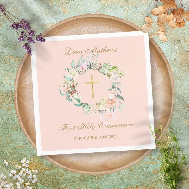 First Holy Communion Gold Cross Floral Blush Pink Napkin (Creator Uploaded)