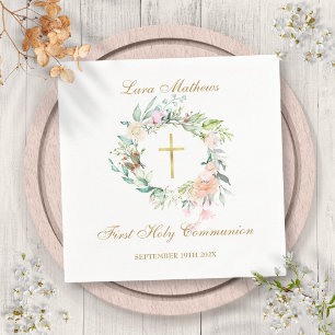 First Holy Communion Gold Cross Floral Garland Napkin