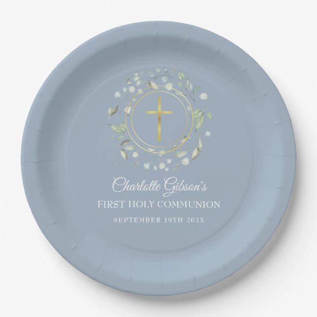 First Holy Communion Gold Cross Greenery Blue Paper Plate (Front)