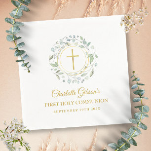 First Holy Communion Gold Cross Greenery Napkin
