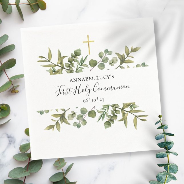 First Holy Communion Gold Cross Greenery Napkin (Creator Uploaded)