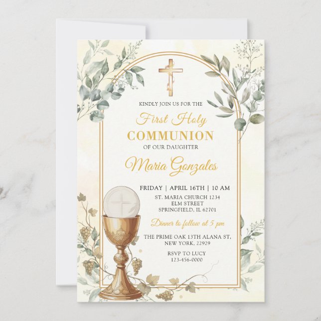 First Holy Communion Gold Cross Invitation (Front)