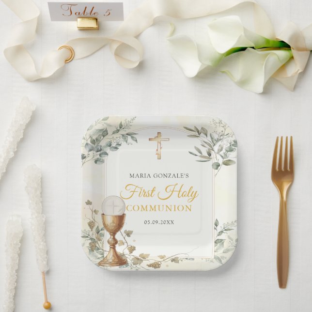 First Holy Communion Gold Cross Paper Plate (Wedding)