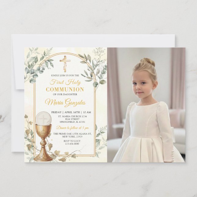 First Holy Communion Gold Cross Photo Invitation (Front)