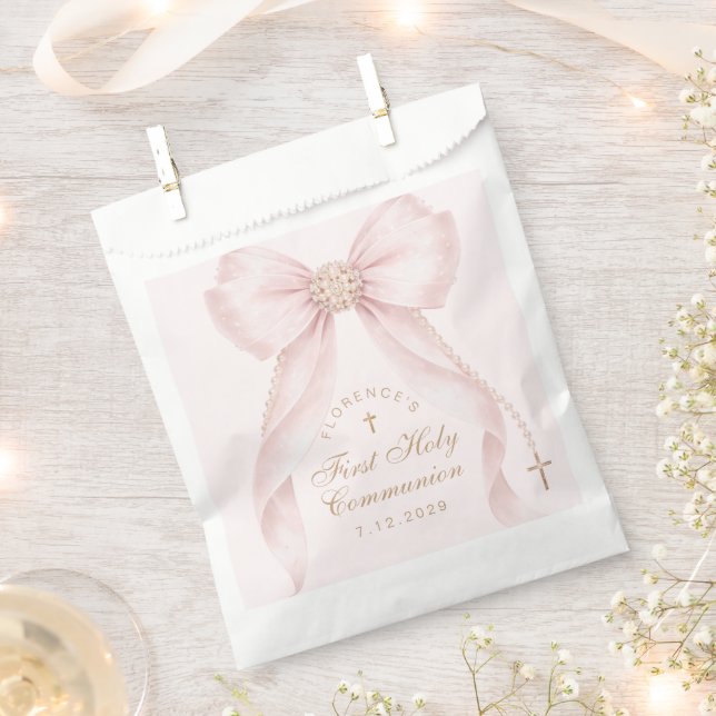 First Holy Communion Gold Cross Pink Bow Favour Bag (Clipped)