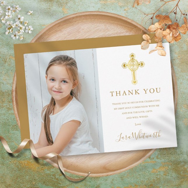 First Holy Communion Gold Cross Signature Photo  Thank You Card (First Holy Communion Gold Cross Signature Photo Thank You Card)