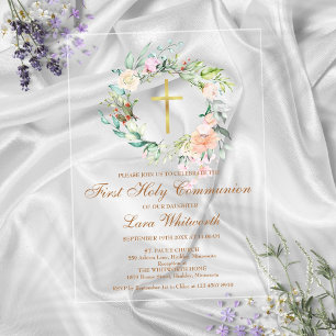 First Holy Communion Gold Cross Watercolor Floral Acrylic Invitations