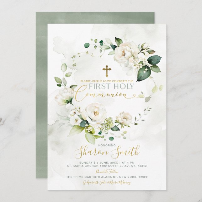 First Holy Communion Gold Cross White Floral Invitation (Front/Back)