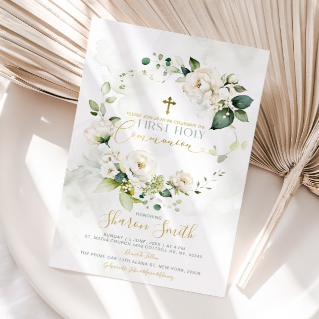 First Holy Communion Gold Cross White Floral Invitation (Creator Uploaded)